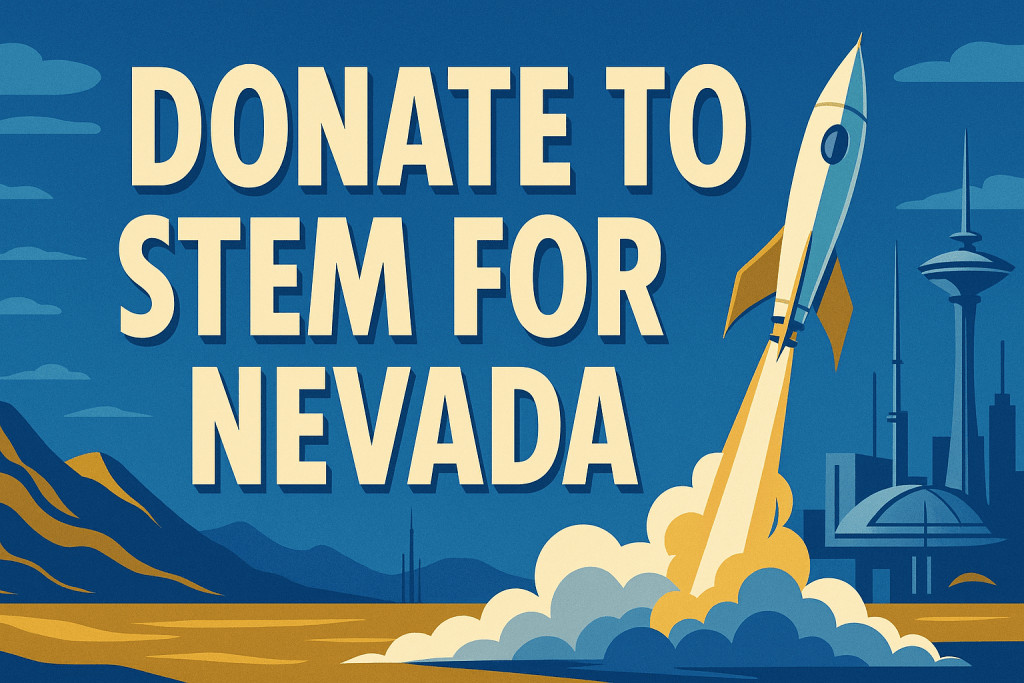 Illustration promoting donations to STEM for Nevada, featuring a rocket taking off against a colorful background with mountains and city skyline.